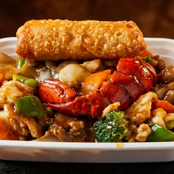 Lobster and chicken stir-fry with vegetables and an egg roll in a white takeout container.