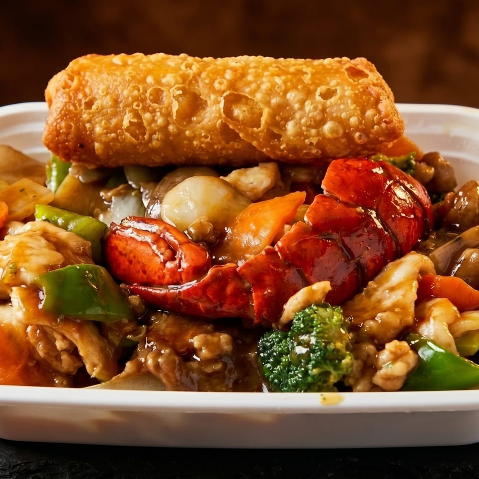 Lobster and chicken stir-fry with vegetables and an egg roll in a white takeout container.