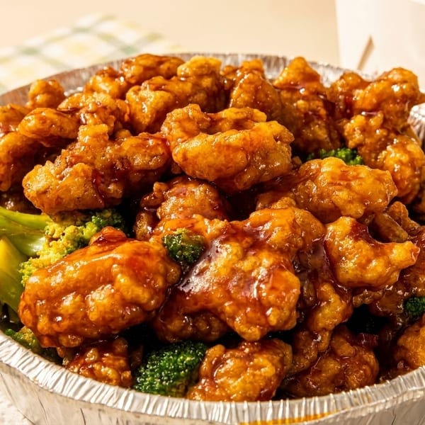 Orange chicken and broccoli in a foil takeout container, with a Chinese takeout box in the background.